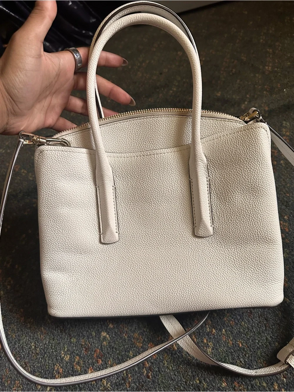kate spade White Pebbled Leather Satchel with Gold Floral Cutouts
